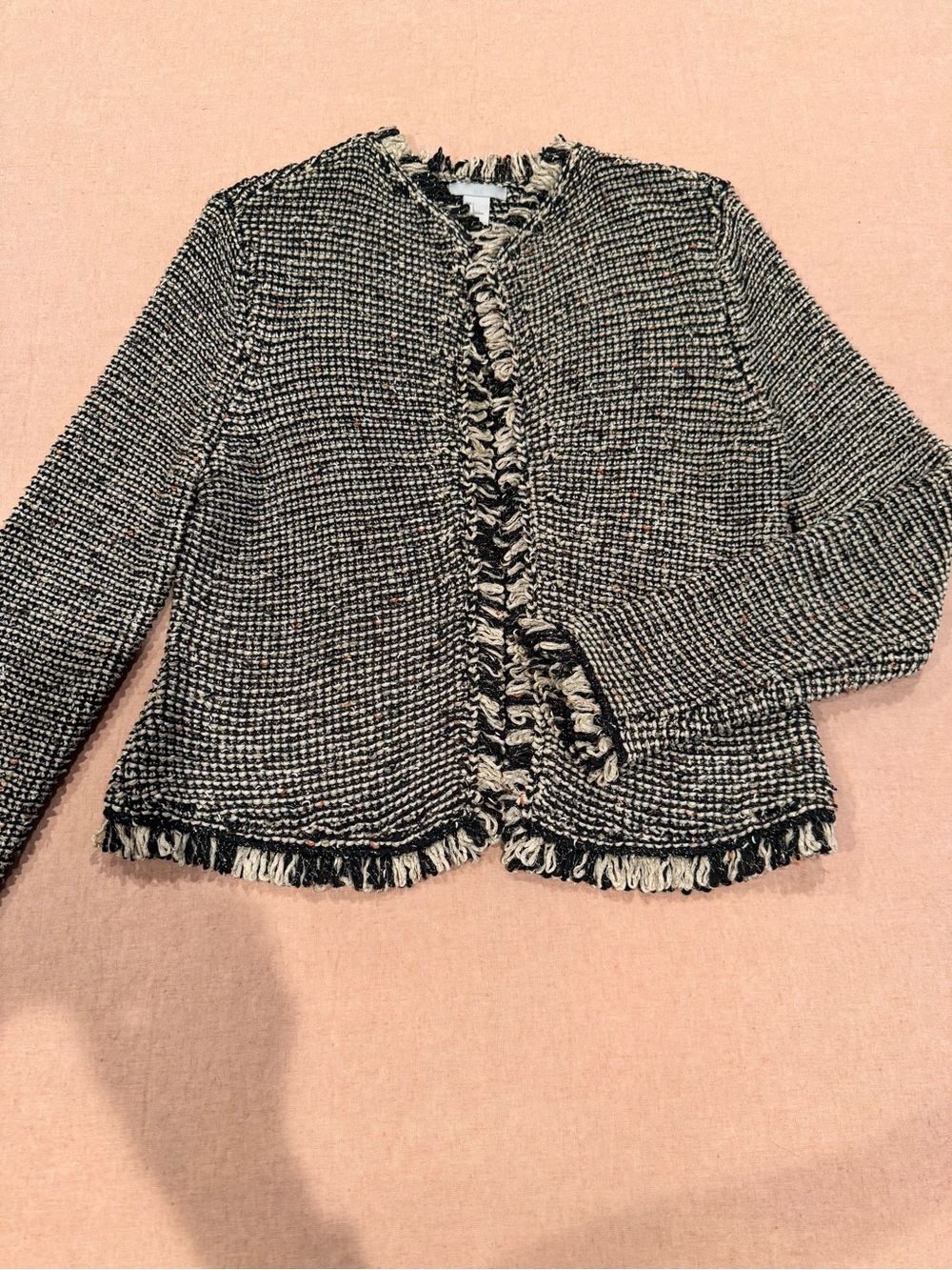 H&M Black & Cream Fringed Tweed Open-Front Blazer size L